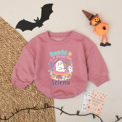 Personalized Beach Boo Time Romper: Summer Ghost First Halloween Outfit, Custom Name Baby Bodysuit, Cute Spooky Season Gift, Inflatable Ring Costume 139