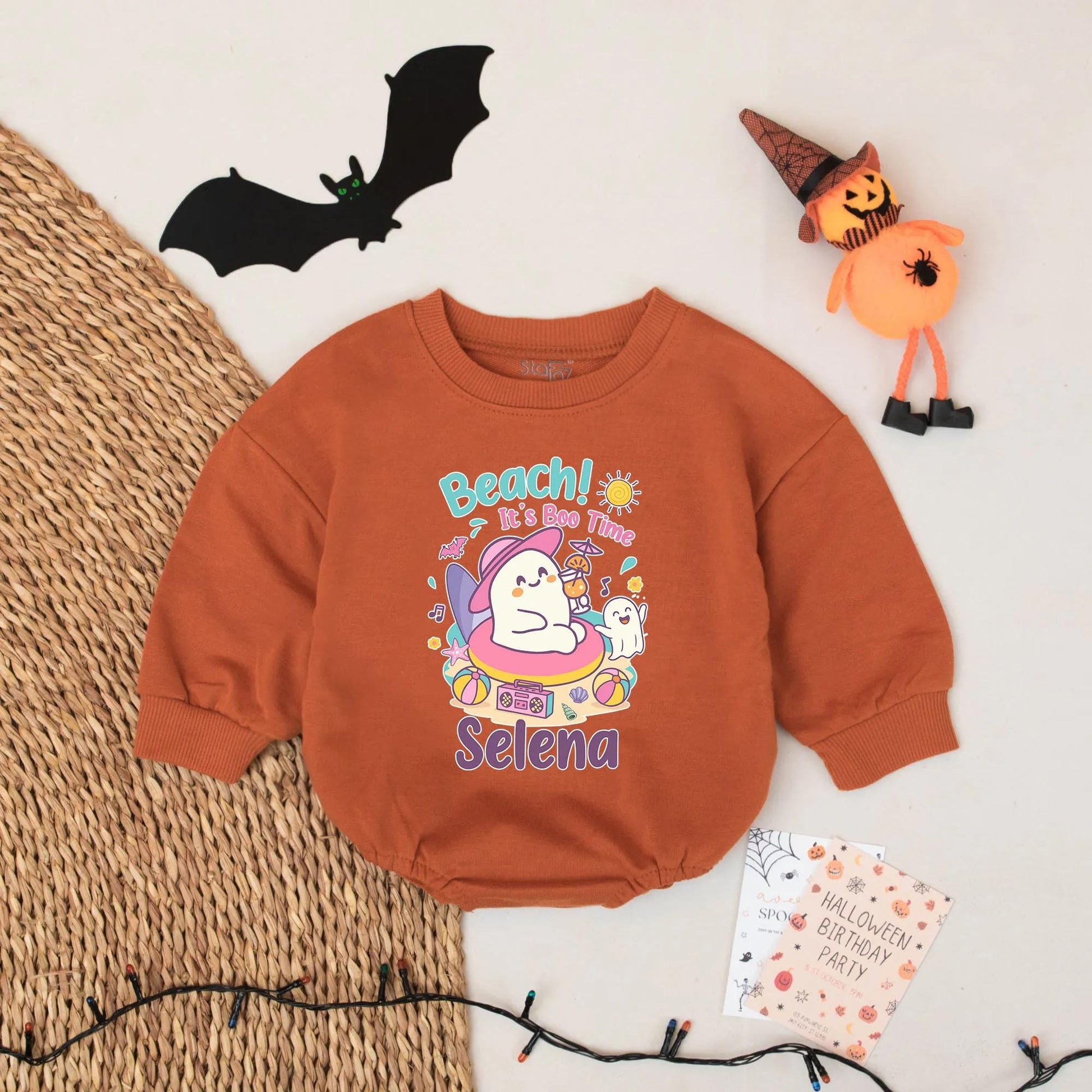 Personalized Beach Boo Time Romper: Summer Ghost First Halloween Outfit, Custom Name Baby Bodysuit, Cute Spooky Season Gift, Inflatable Ring Costume 139