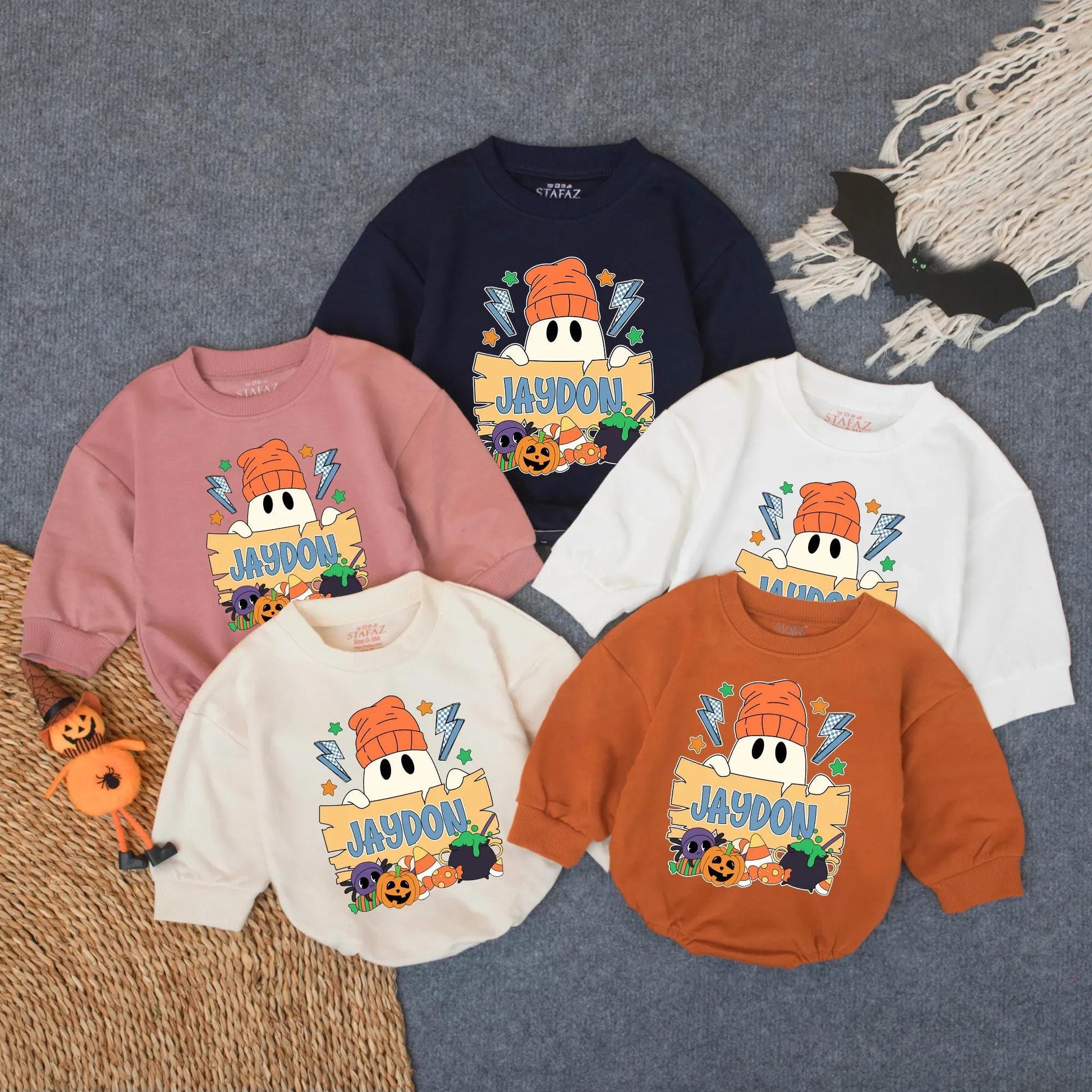 Custom Halloween Baby Boy Bubble Romper Spooky Ghost Pumpkin Fall Outfit Toddler Boo Costume Sweatshirt Personalized