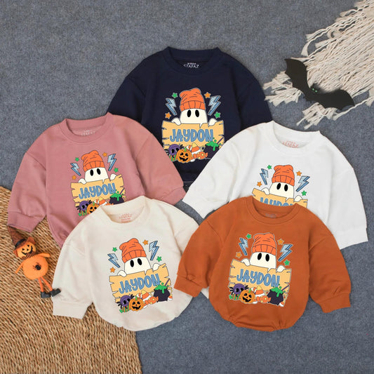 Custom Halloween Baby Boy Bubble Romper Spooky Ghost Pumpkin Fall Outfit Toddler Boo Costume Sweatshirt Personalized