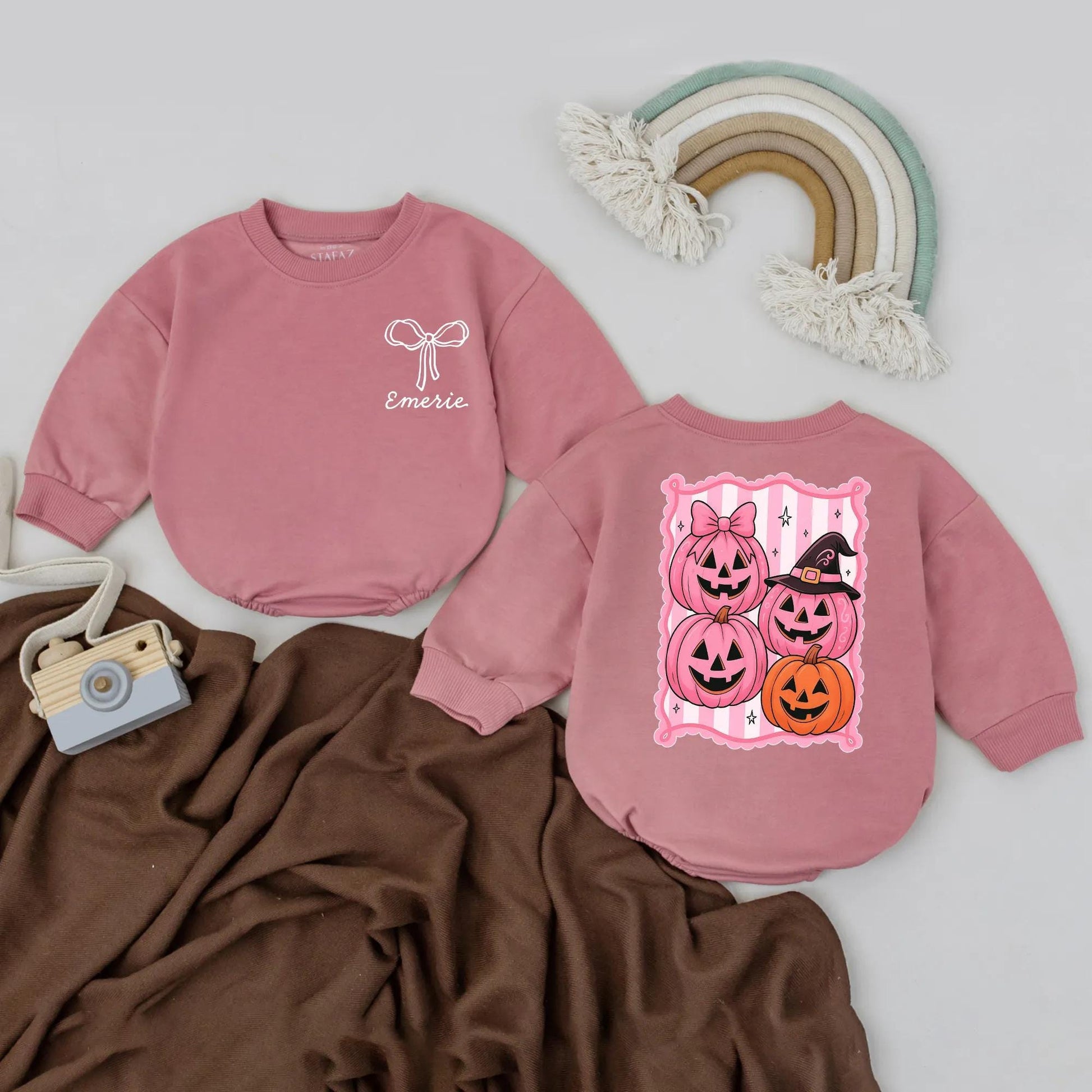 Custom Retro Halloween Baby Romper Pink Pumpkin Outfit Personalized Name Bodysuit Cute Fall Baby Gift Spooky Season First Halloween