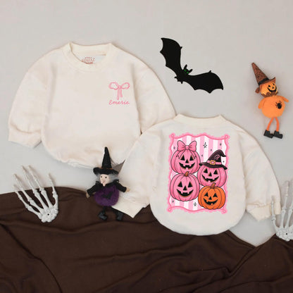 Custom Retro Halloween Baby Romper Pink Pumpkin Outfit Personalized Name Bodysuit Cute Fall Baby Gift Spooky Season First Halloween