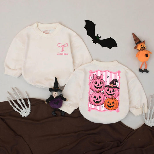 Custom Retro Halloween Baby Romper Pink Pumpkin Outfit Personalized Name Bodysuit Cute Fall Baby Gift Spooky Season First Halloween