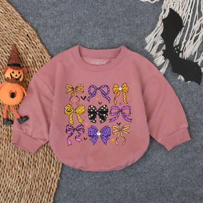 Cute Ghost Pumpkin Bubble Romper Preppy Halloween Bow Baby Outfit Adorable Infant Toddler Fall Bodysuit Cozy Spooky Season Wear