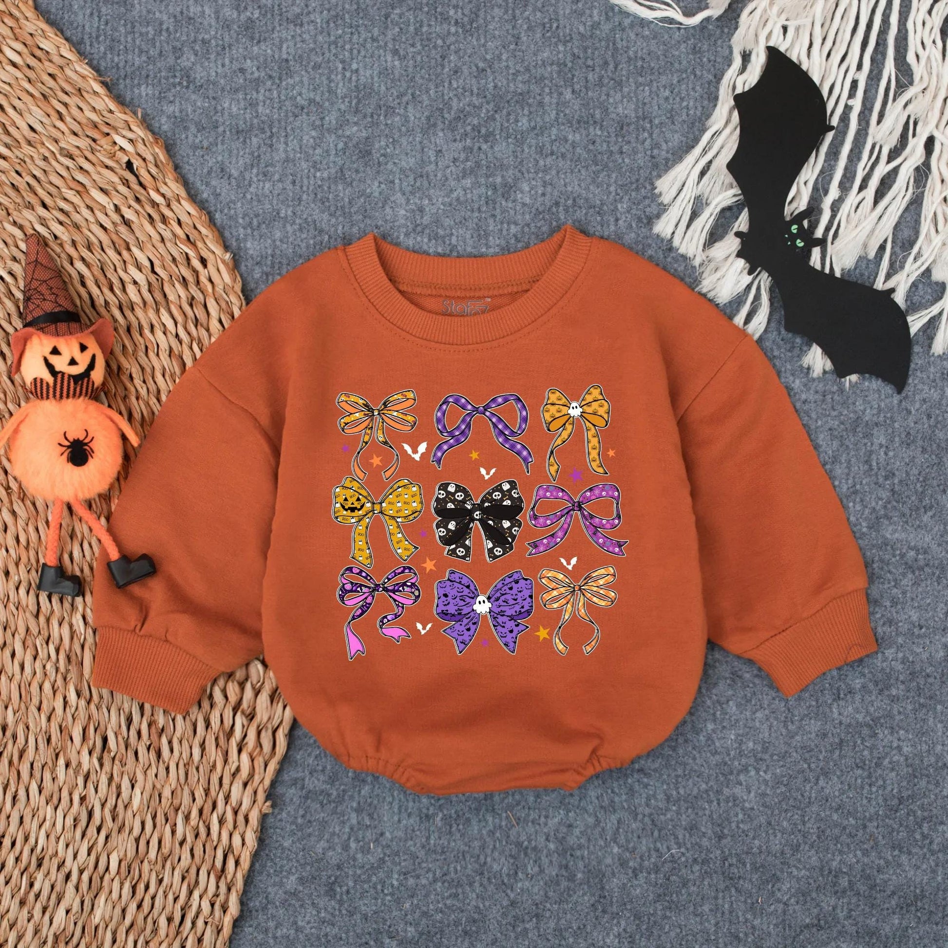 Cute Ghost Pumpkin Bubble Romper Preppy Halloween Bow Baby Outfit Adorable Infant Toddler Fall Bodysuit Cozy Spooky Season Wear