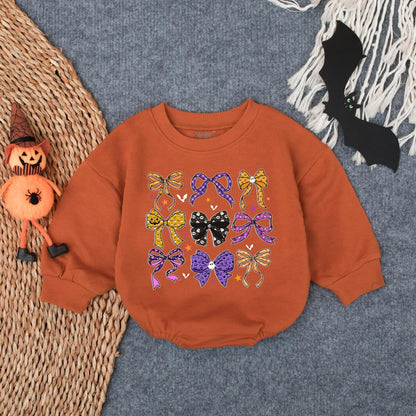 Cute Ghost Pumpkin Bubble Romper Preppy Halloween Bow Baby Outfit Adorable Infant Toddler Fall Bodysuit Cozy Spooky Season Wear