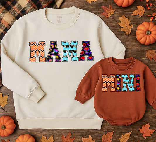 Retro Halloween Mama and Mini Sweatshirts Matching Set, Festive Fall Mom & Daughter Outfit, Orange & Black Patterned Sweaters, Cute Mommy and Me Clothes