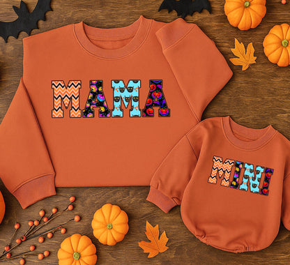 Retro Halloween Mama and Mini Sweatshirts Matching Set, Festive Fall Mom & Daughter Outfit, Orange & Black Patterned Sweaters, Cute Mommy and Me Clothes
