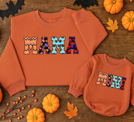 Retro Halloween Mama and Mini Sweatshirts Matching Set, Festive Fall Mom & Daughter Outfit, Orange & Black Patterned Sweaters, Cute Mommy and Me Clothes