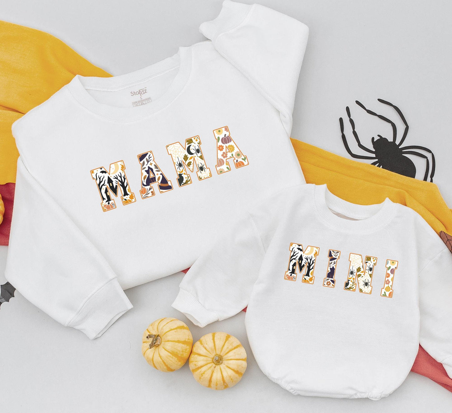 Matching Mama & Mini Halloween Sweatshirts, Retro Vintage Fall Outfits, Mom & Girl Matching Sweaters, Orange & Black