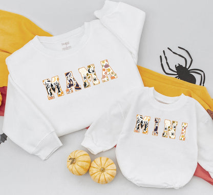 Matching Mama & Mini Halloween Sweatshirts, Retro Vintage Fall Outfits, Mom & Girl Matching Sweaters, Orange & Black