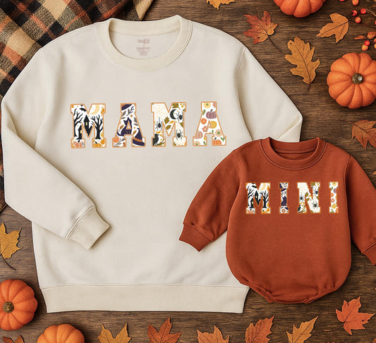 Matching Mama & Mini Halloween Sweatshirts, Retro Vintage Fall Outfits, Mom & Girl Matching Sweaters, Orange & Black