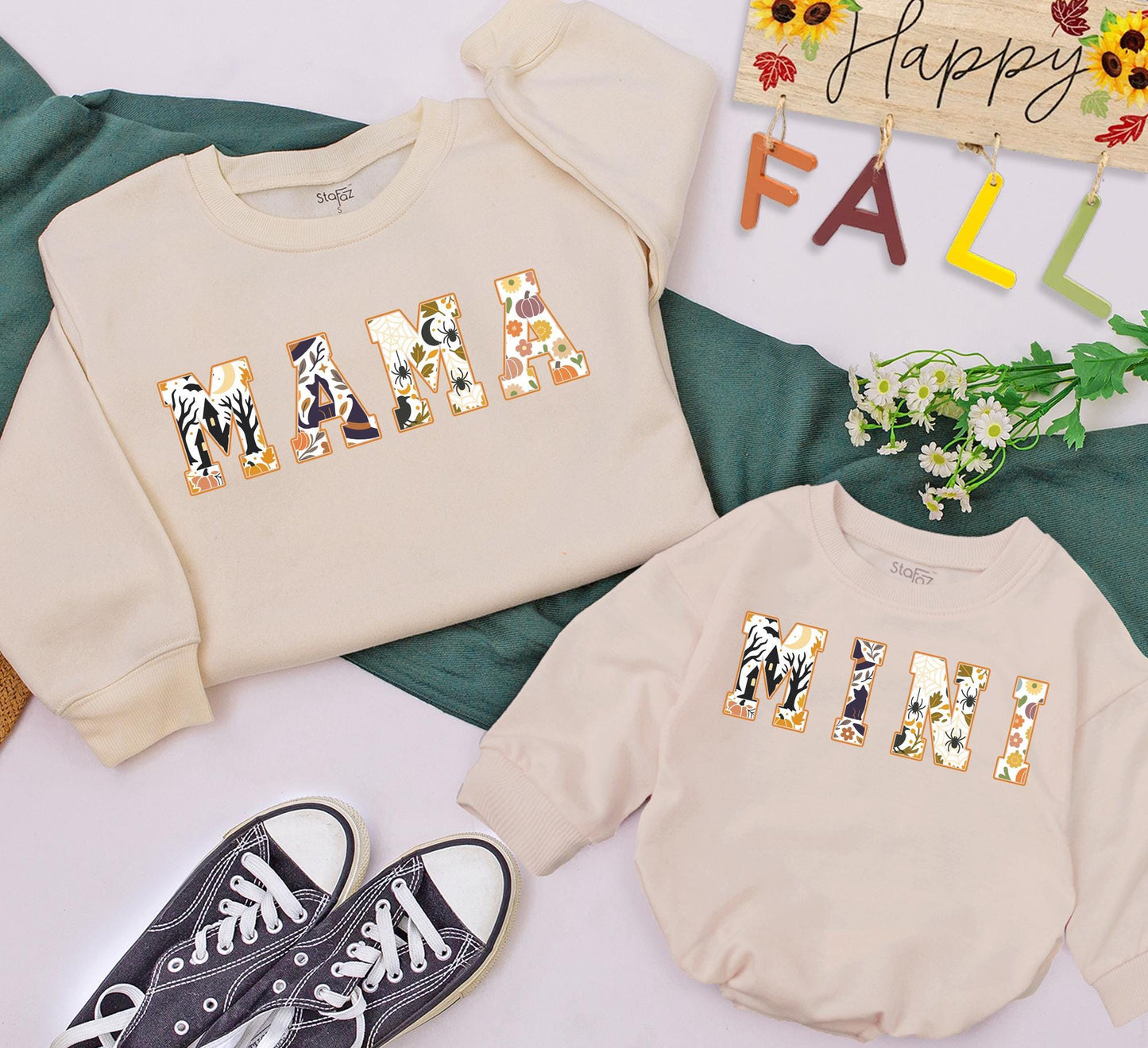 Matching Mama & Mini Halloween Sweatshirts, Retro Vintage Fall Outfits, Mom & Girl Matching Sweaters, Orange & Black