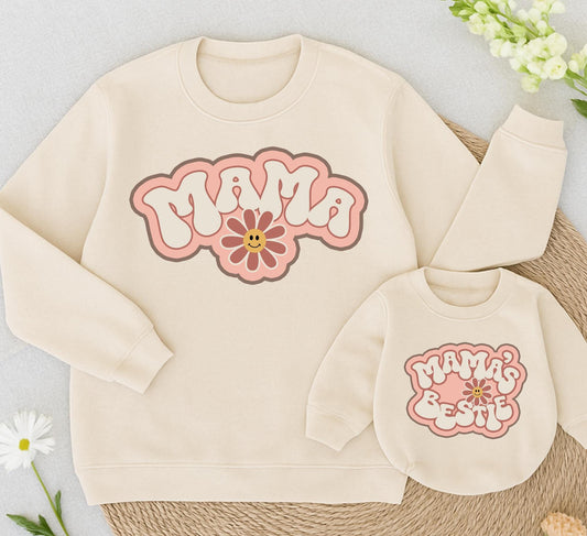 Retro Mama and Me Matching Sweatshirts Groovy 70s Style, Mama's Bestie Outfit with Flower, Soft Cotton, Comfortable Mother Daughter Gift