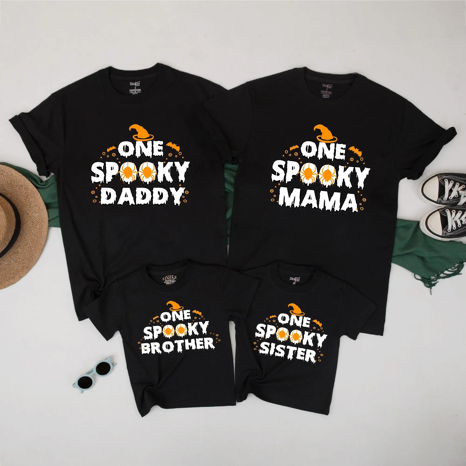 One Spooky Family Matching Halloween Shirts for Mama Dada Sister Brother with Witch Hat Bat Spider Dripping Creepy Cute Fall Outfits