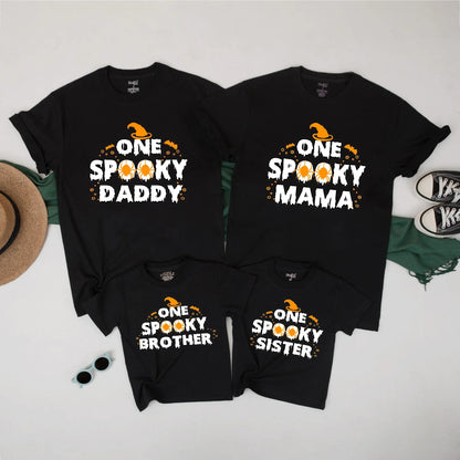 One Spooky Family Matching Halloween Shirts for Mama Dada Sister Brother with Witch Hat Bat Spider Dripping Creepy Cute Fall Outfits