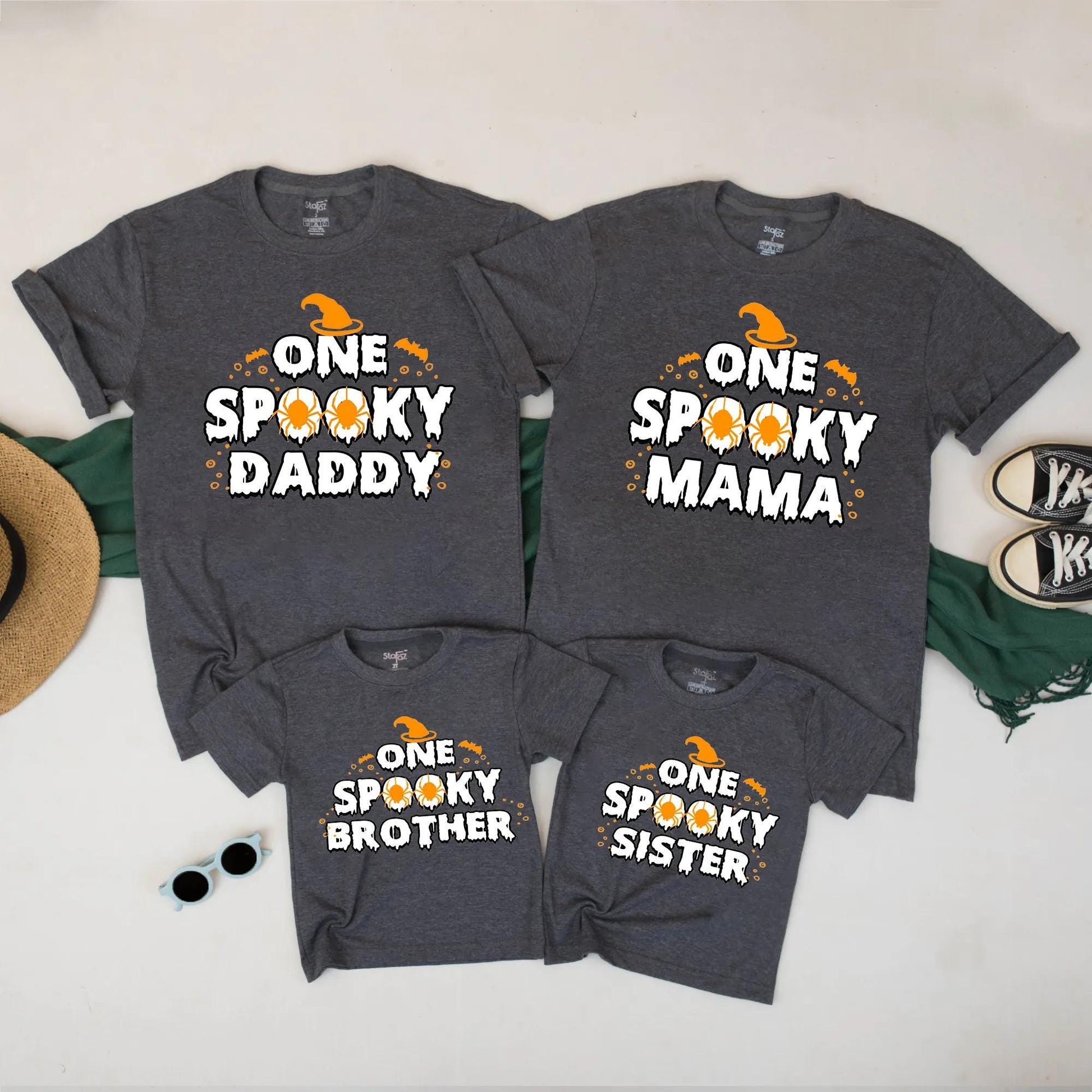 One Spooky Family Matching Halloween Shirts for Mama Dada Sister Brother with Witch Hat Bat Spider Dripping Creepy Cute Fall Outfits