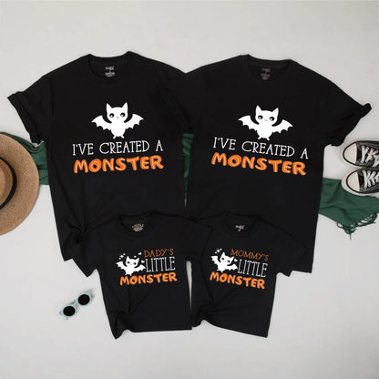 Daddy Mommy Little Monster Bat Family Matching Halloween Costume Shirts Spooky Cute Monster Halloween Outfit for Kids Parents