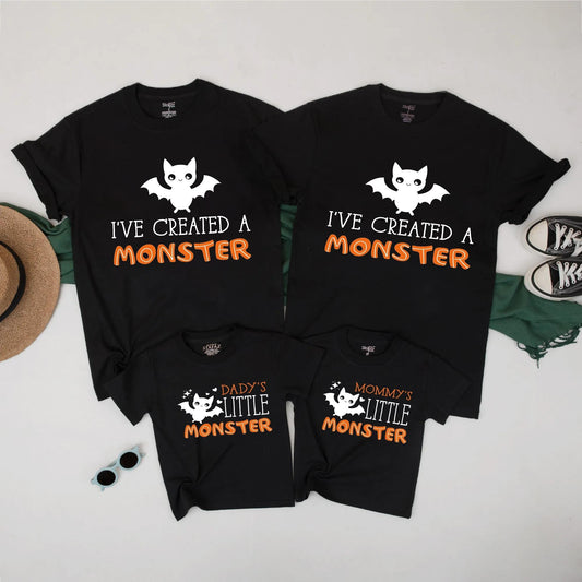 Daddy Mommy Little Monster Bat Family Matching Halloween Costume Shirts Spooky Cute Monster Halloween Outfit for Kids Parents