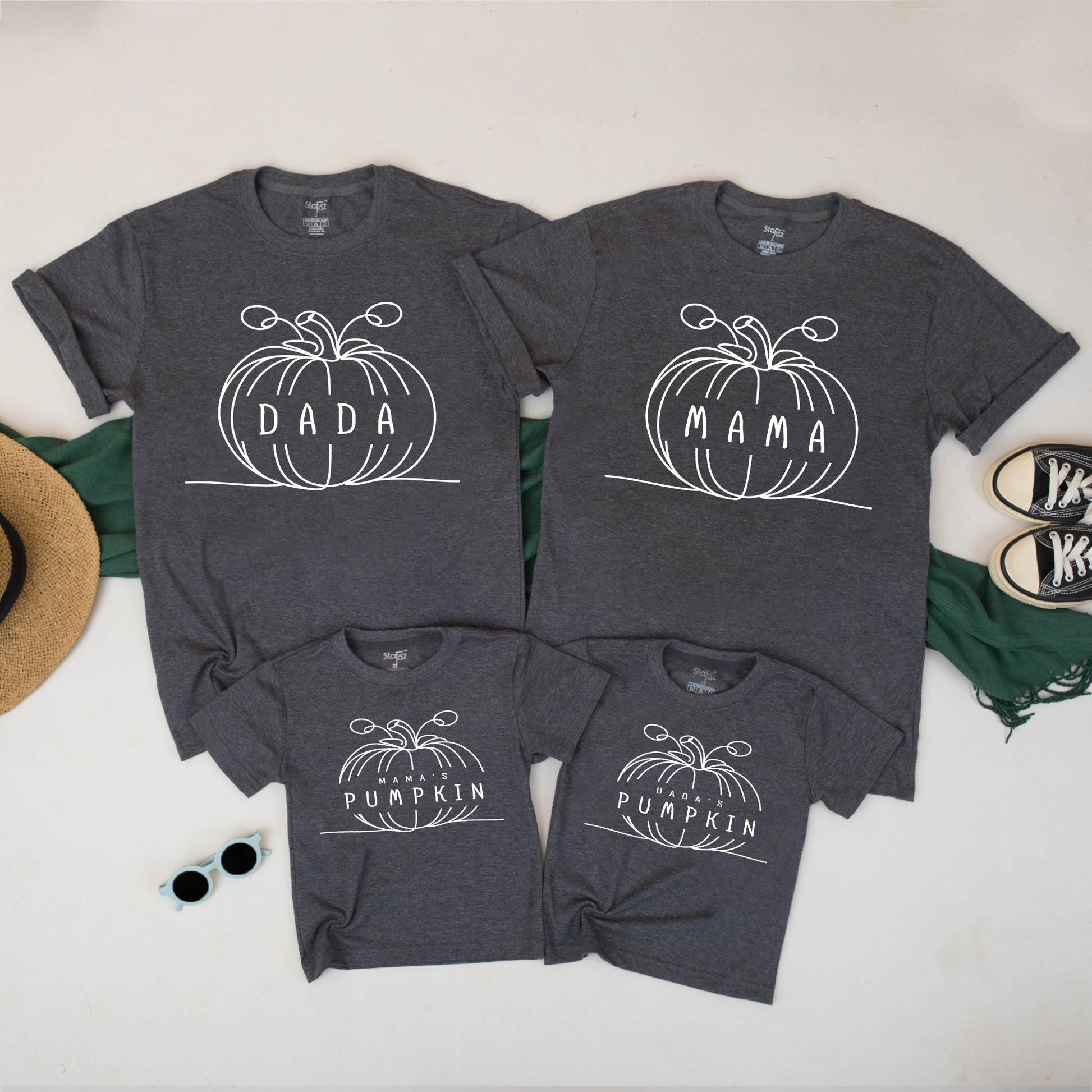 Matching Family Pumpkin Outfits - Dada, Mama, & Kids Halloween Shirts - Modern Pumpkin Vine Design - Fall Family Look - Parent & Child Tees