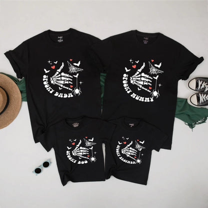 Matching Family Halloween Shirts Spooky Skeleton Hand Bat Spider Retro Tee Set Cute Fall Ghost Outfit for Dad Mom Kids Brother