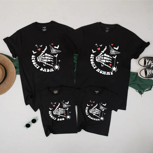 Matching Family Halloween Shirts Spooky Skeleton Hand Bat Spider Retro Tee Set Cute Fall Ghost Outfit for Dad Mom Kids Brother