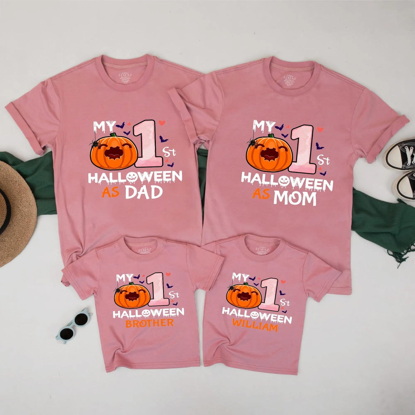 My 1st Halloween Matching Family Shirts Custom Pumpkin Ghost Design for Mom Dad Brother Baby Pink Gradient Hearts Bat Accents Fall Celebratory Outfit