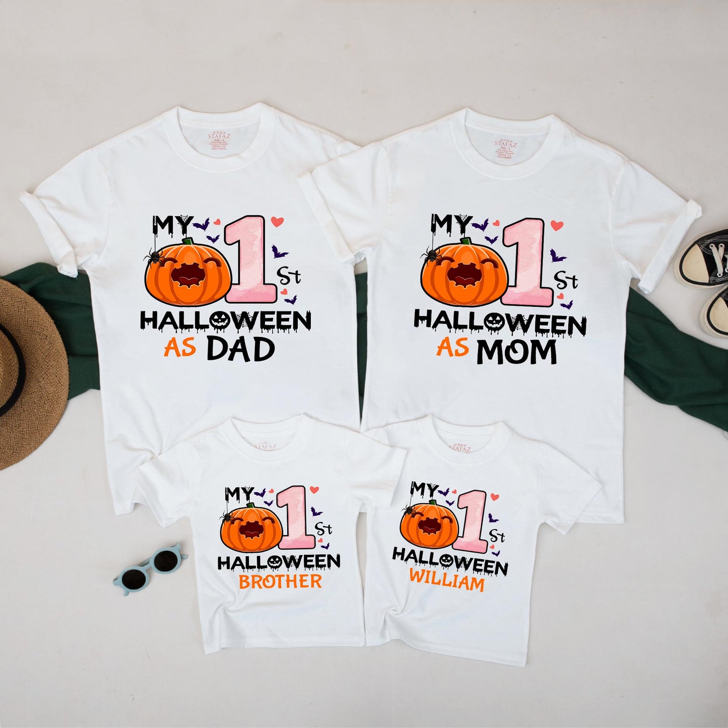 My 1st Halloween Matching Family Shirts Custom Pumpkin Ghost Design for Mom Dad Brother Baby Pink Gradient Hearts Bat Accents Fall Celebratory Outfit