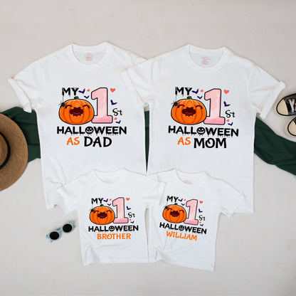 My 1st Halloween Matching Family Shirts Custom Pumpkin Ghost Design for Mom Dad Brother Baby Pink Gradient Hearts Bat Accents Fall Celebratory Outfit