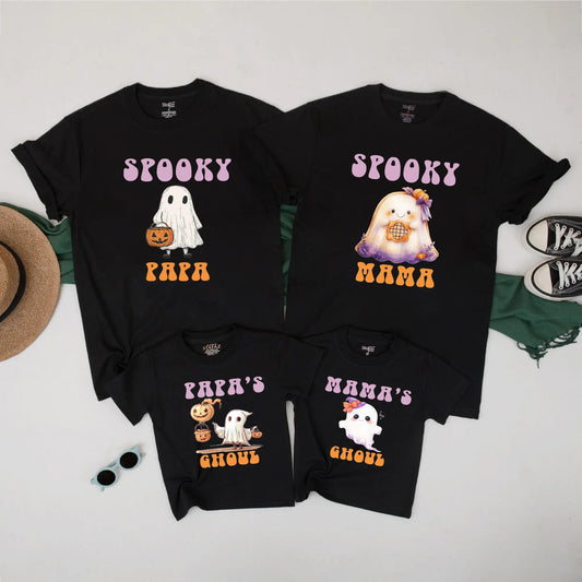 Matching Spooky Halloween Family Shirts, Papa Mama Ghoul Ghost Pumpkin Tees, Orange, White, Purple Vintage Outfits