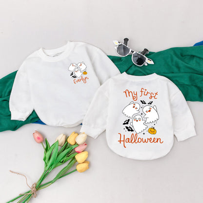 Personalized My First Halloween Romper, Spooky Cute Ghost Bat Pumpkin Bodysuit, Custom Baby Boy Outfit, One Spooky Dude Gift, Fall Outfit 1st Halloween (139)