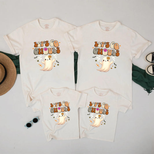 Matching Family Halloween Shirts 'Let's Go Ghouls' Retro Ghost Tee for Mom Dad Kids Fall Outfit Cute Autumn Costume
