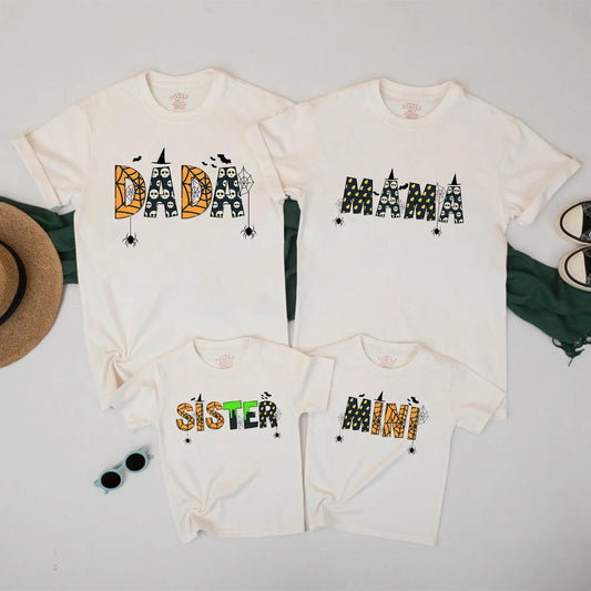 Cute Spooky Matching Family Halloween T-Shirts for Mom Dad Sister Mini Personalized with Bats Skulls Polka Dots and Spiderwebs