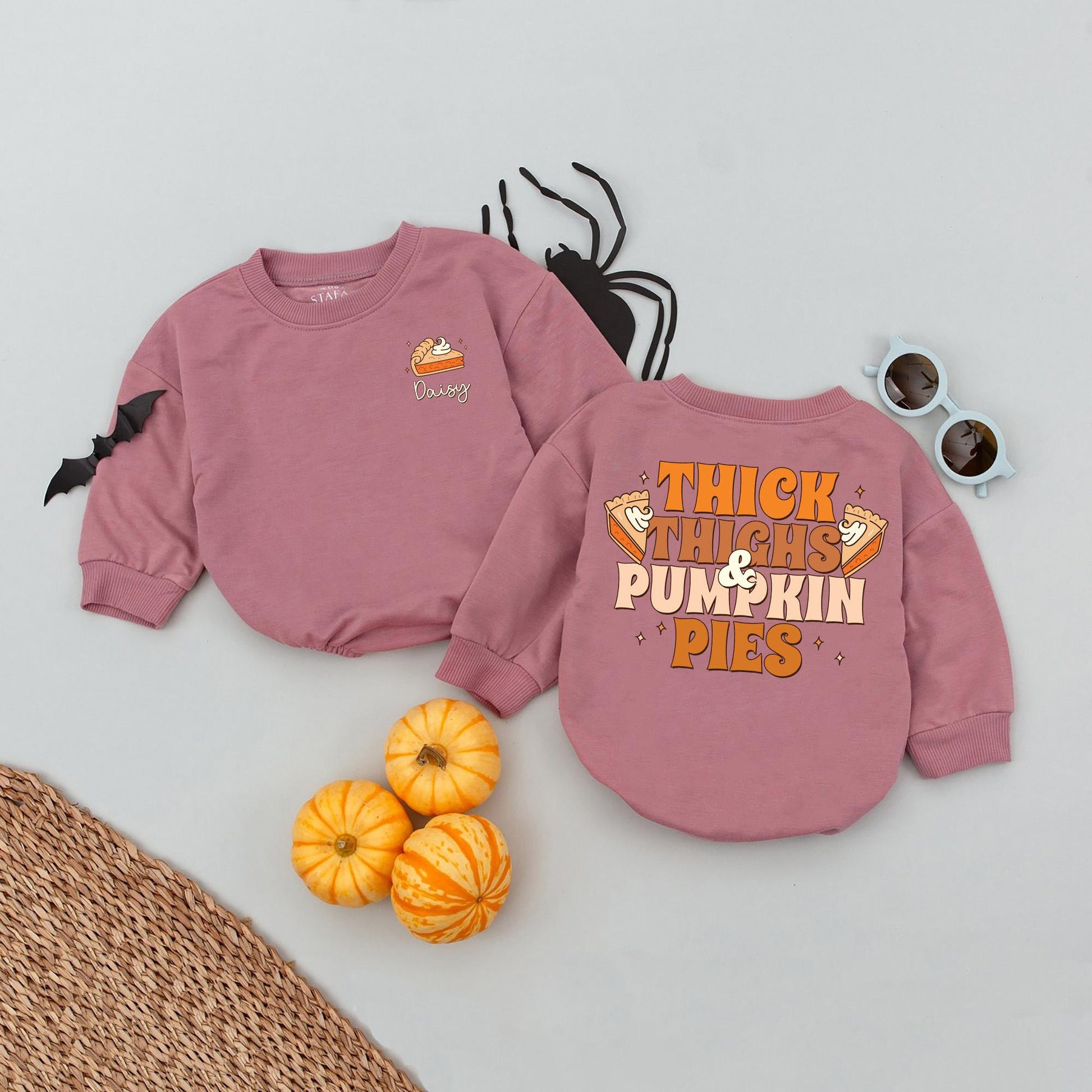 Custom Name Thick Thighs Pumpkin Pies Baby Romper, First Thanksgiving Outfit for Baby Girl, Newborn Fall Clothes, Cute Turkey Design