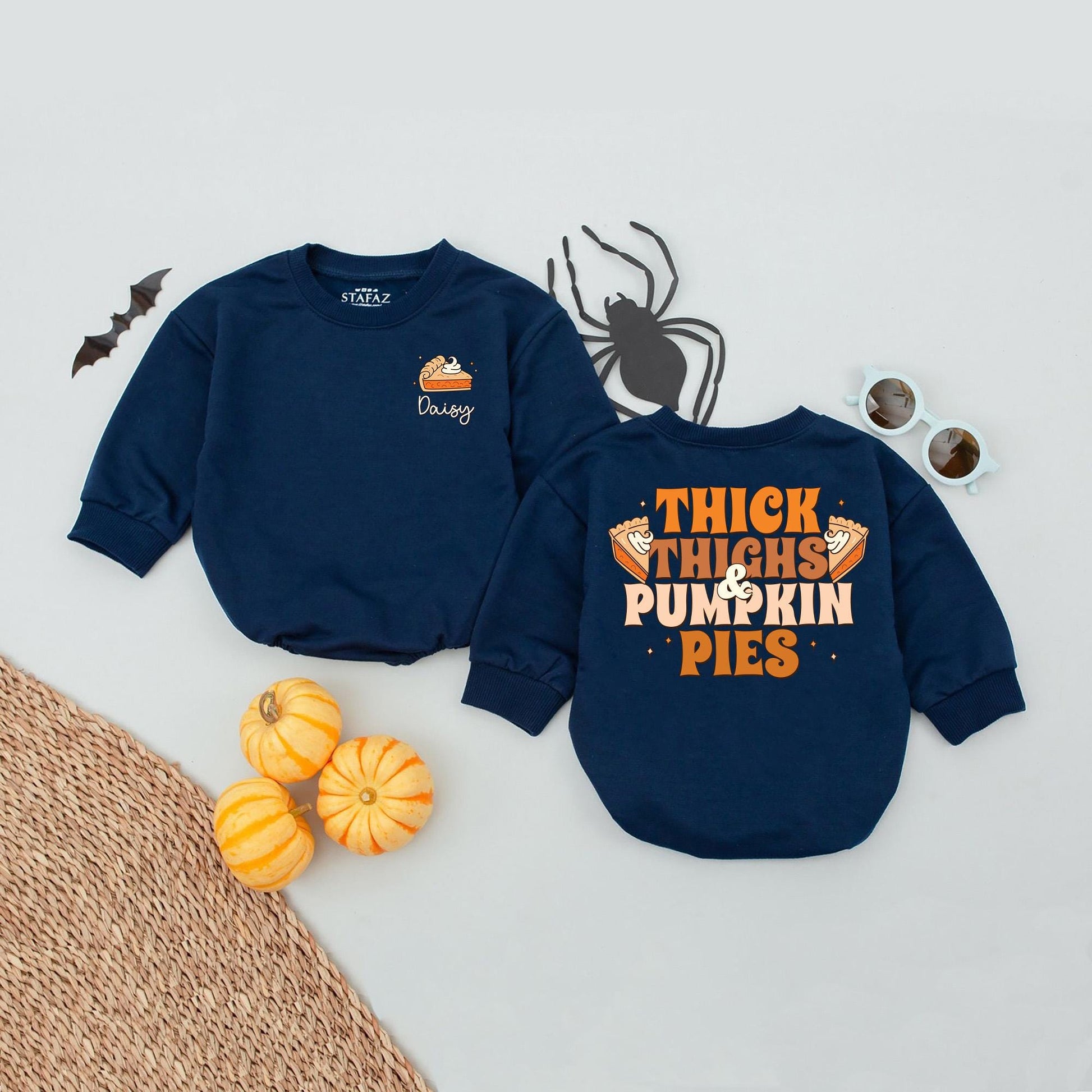 Custom Name Thick Thighs Pumpkin Pies Baby Romper, First Thanksgiving Outfit for Baby Girl, Newborn Fall Clothes, Cute Turkey Design