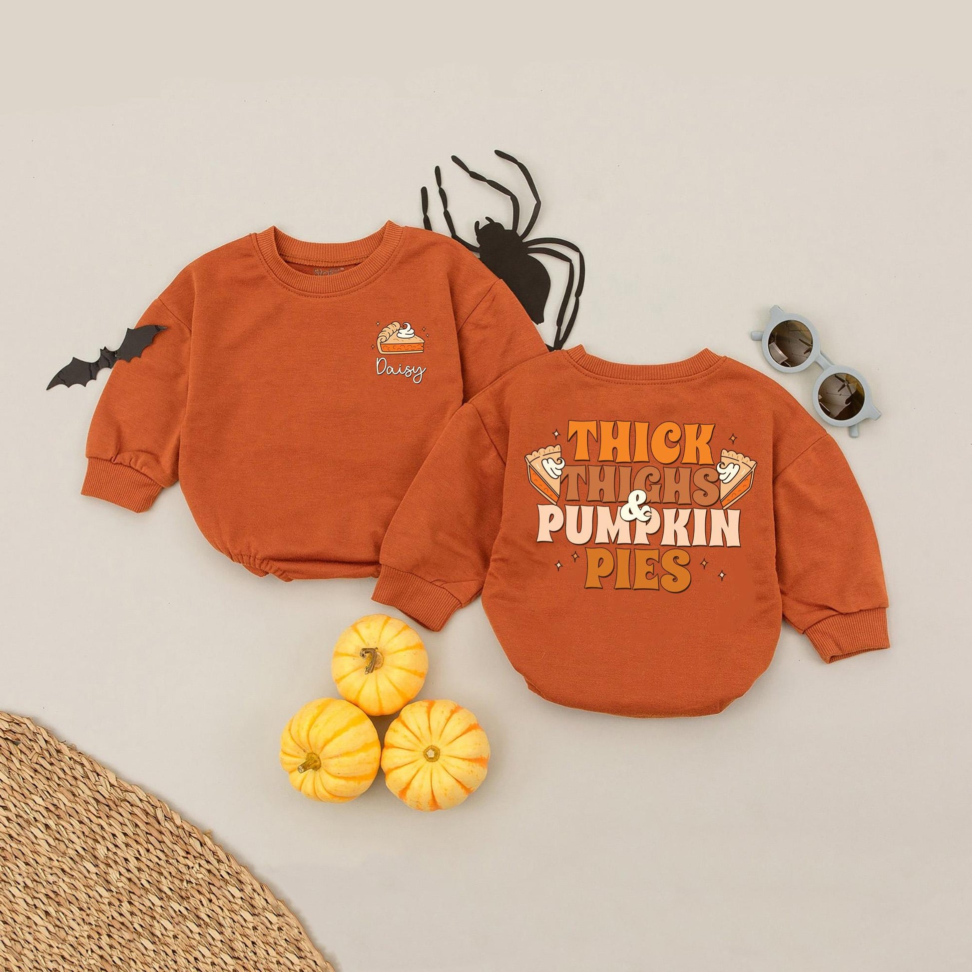 Custom Name Thick Thighs Pumpkin Pies Baby Romper, First Thanksgiving Outfit for Baby Girl, Newborn Fall Clothes, Cute Turkey Design