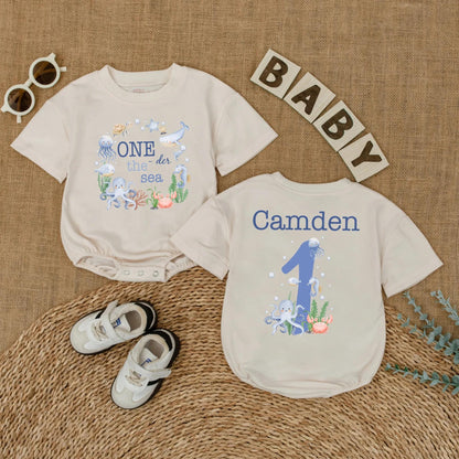 Personalized One the Sea Birthday Romper Ocean Theme First Birthday Bubble Outfit for Boys Girls Under the Sea Party Celebration
