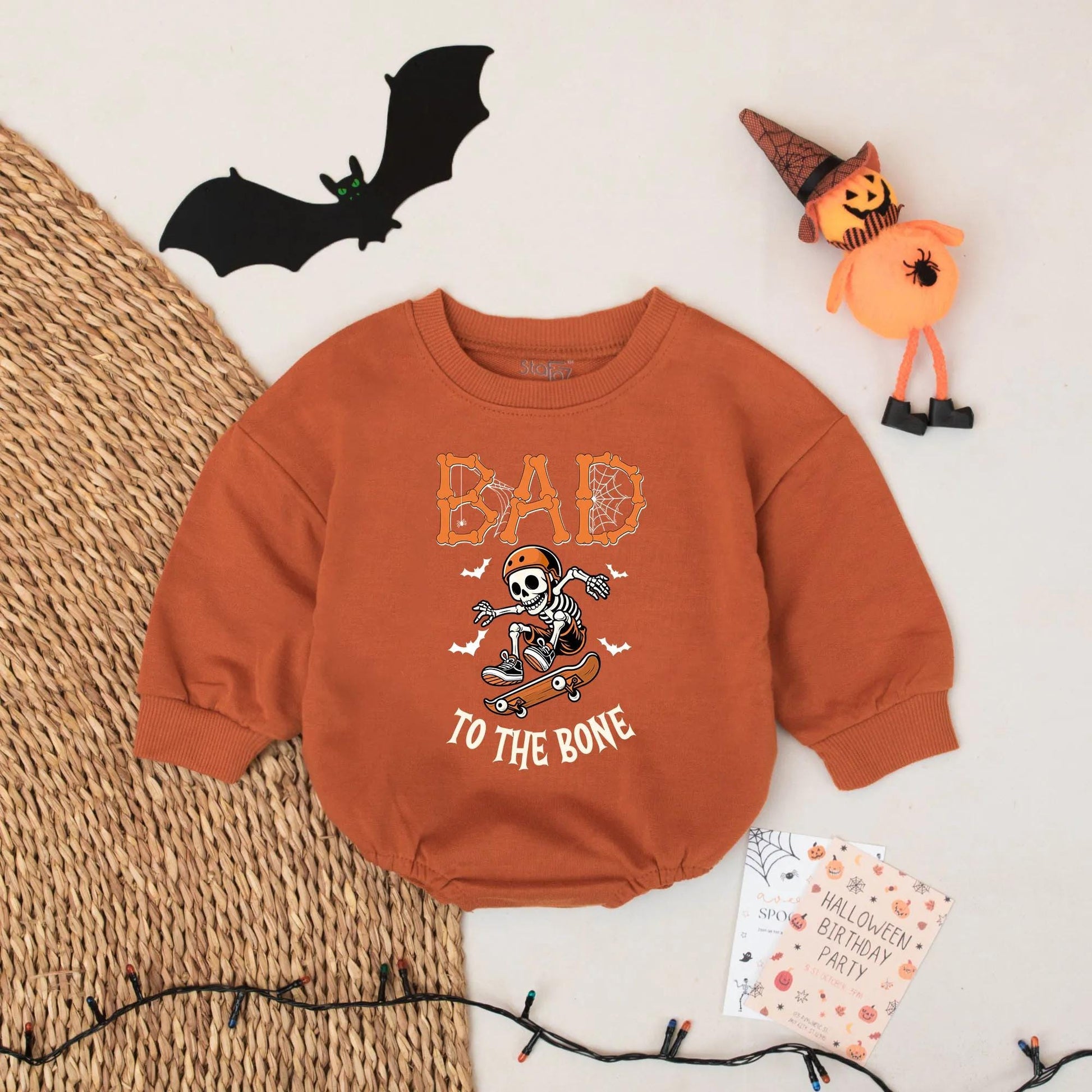 Spooky Skater Skeleton Baby Romper: Personalized Halloween Bodysuit for Cool Ghouls! Bad to the Bone Outfit, Custom Name, Trendy Infant Clothes 139