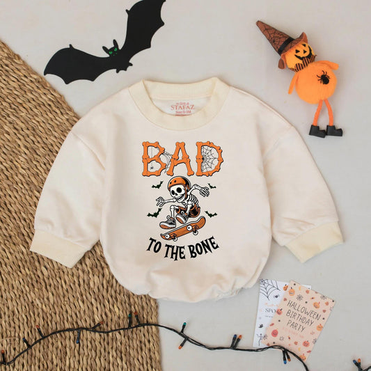 Spooky Skater Skeleton Baby Romper: Personalized Halloween Bodysuit for Cool Ghouls! Bad to the Bone Outfit, Custom Name, Trendy Infant Clothes 139