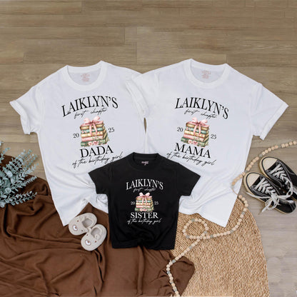 Laiklyn's First Chapter Custom Family Birthday Shirt Storybook Theme Outfit with Floral Accents 20 25 Year