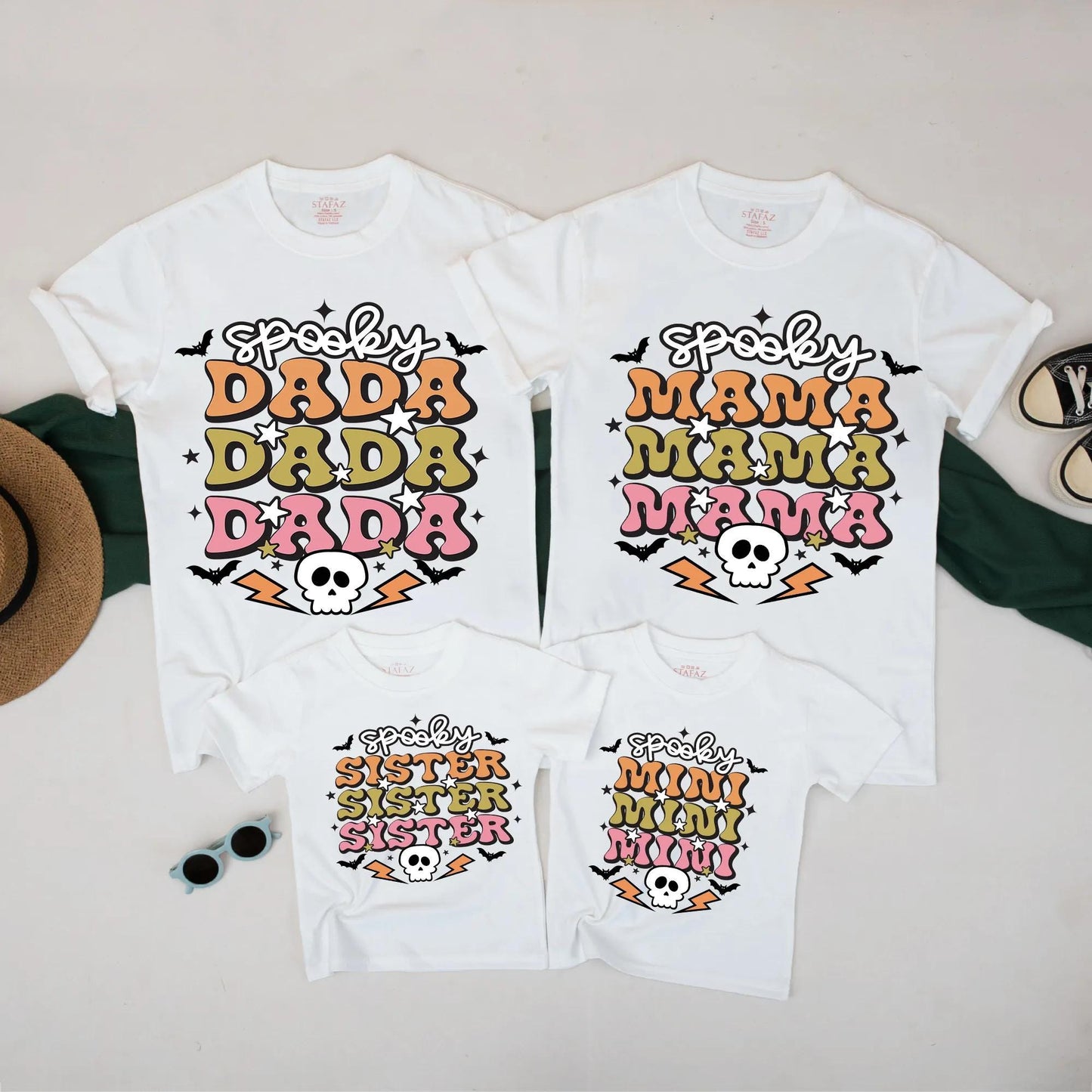 Spooky Family Halloween Shirts – Retro Mama Dada Mini Sister Matching Outfit, Cute Skulls Bats Tee Set - Orange Green Pink Fall TShirt Collection