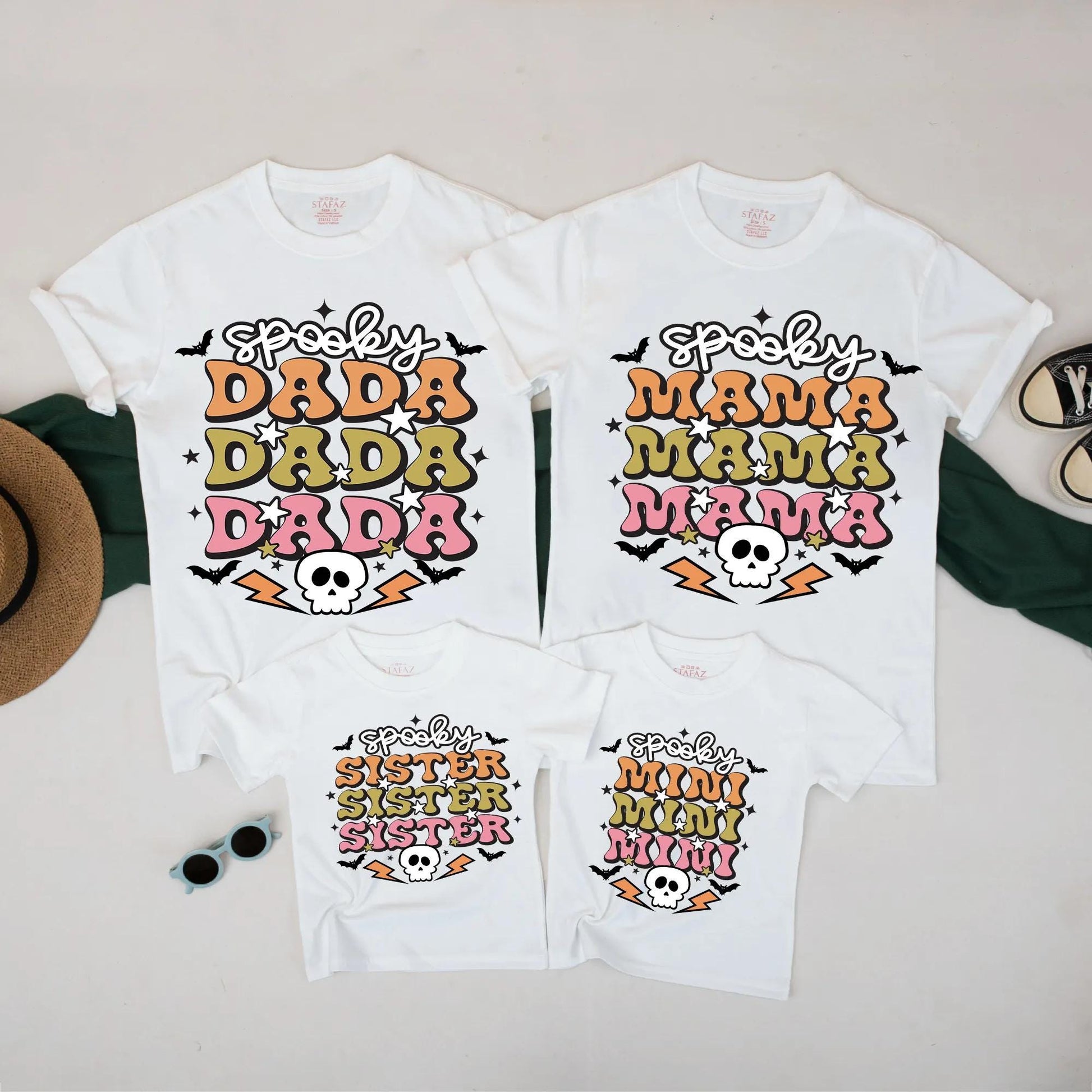 Spooky Family Halloween Shirts – Retro Mama Dada Mini Sister Matching Outfit, Cute Skulls Bats Tee Set - Orange Green Pink Fall TShirt Collection