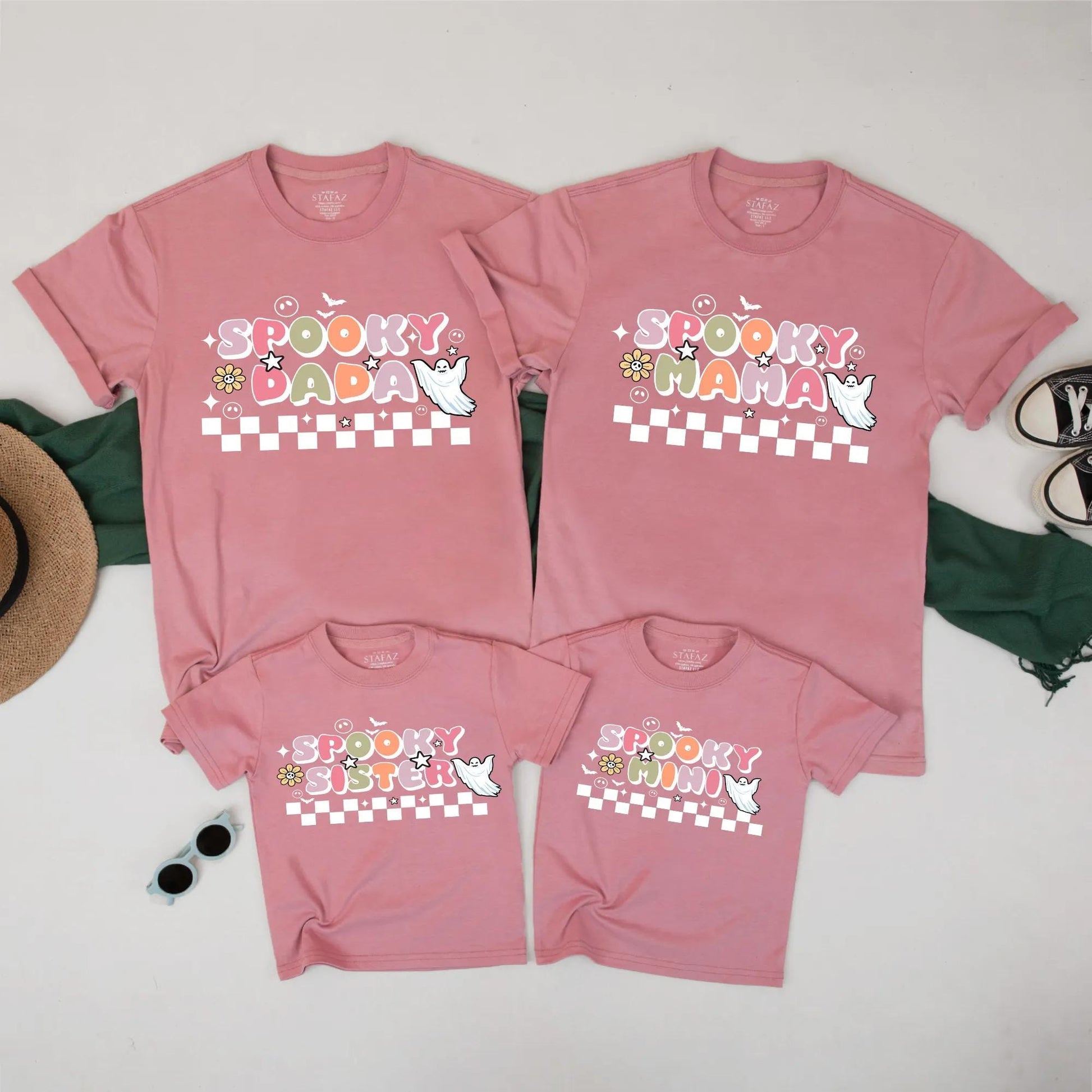 Spooky Family Matching Halloween Shirts Retro Ghost Checkerboard Design Mama Dada Mini Sister Pastel Fall Outfit Set Playful Vintage Tees