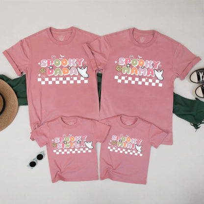 Spooky Family Matching Halloween Shirts Retro Ghost Checkerboard Design Mama Dada Mini Sister Pastel Fall Outfit Set Playful Vintage Tees