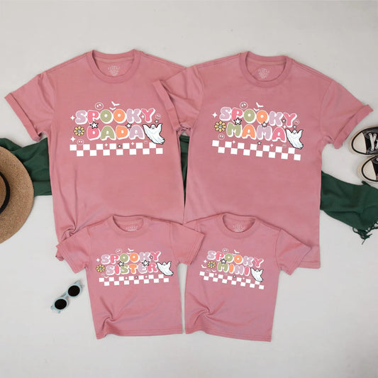 Spooky Family Matching Halloween Shirts Retro Ghost Checkerboard Design Mama Dada Mini Sister Pastel Fall Outfit Set Playful Vintage Tees