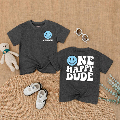 Personalized One Happy Dude Romper, Retro Birthday Outfit for Baby Boy, Custom Camden Name, Lightning Bolt Smiley Face, Groovy 1st Birthday Party Outfit