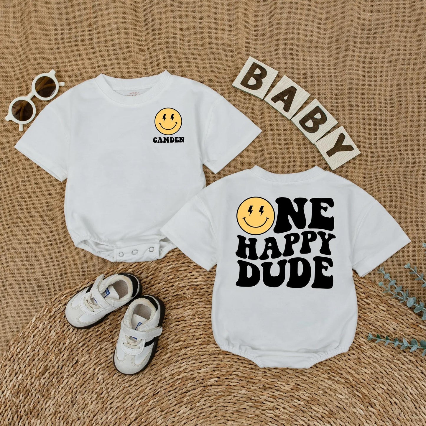 Camden One Happy Dude Baby Romper Retro Smiley Face First Birthday Outfit Toddler Boy Bodysuit Party Gift