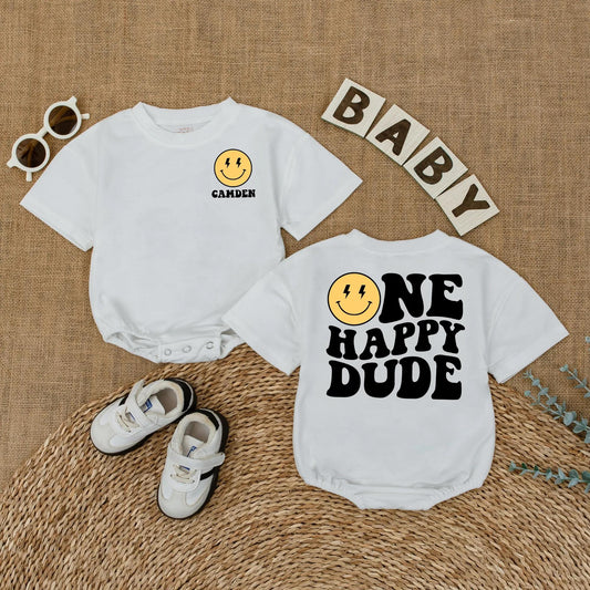 Camden One Happy Dude Baby Romper Retro Smiley Face First Birthday Outfit Toddler Boy Bodysuit Party Gift