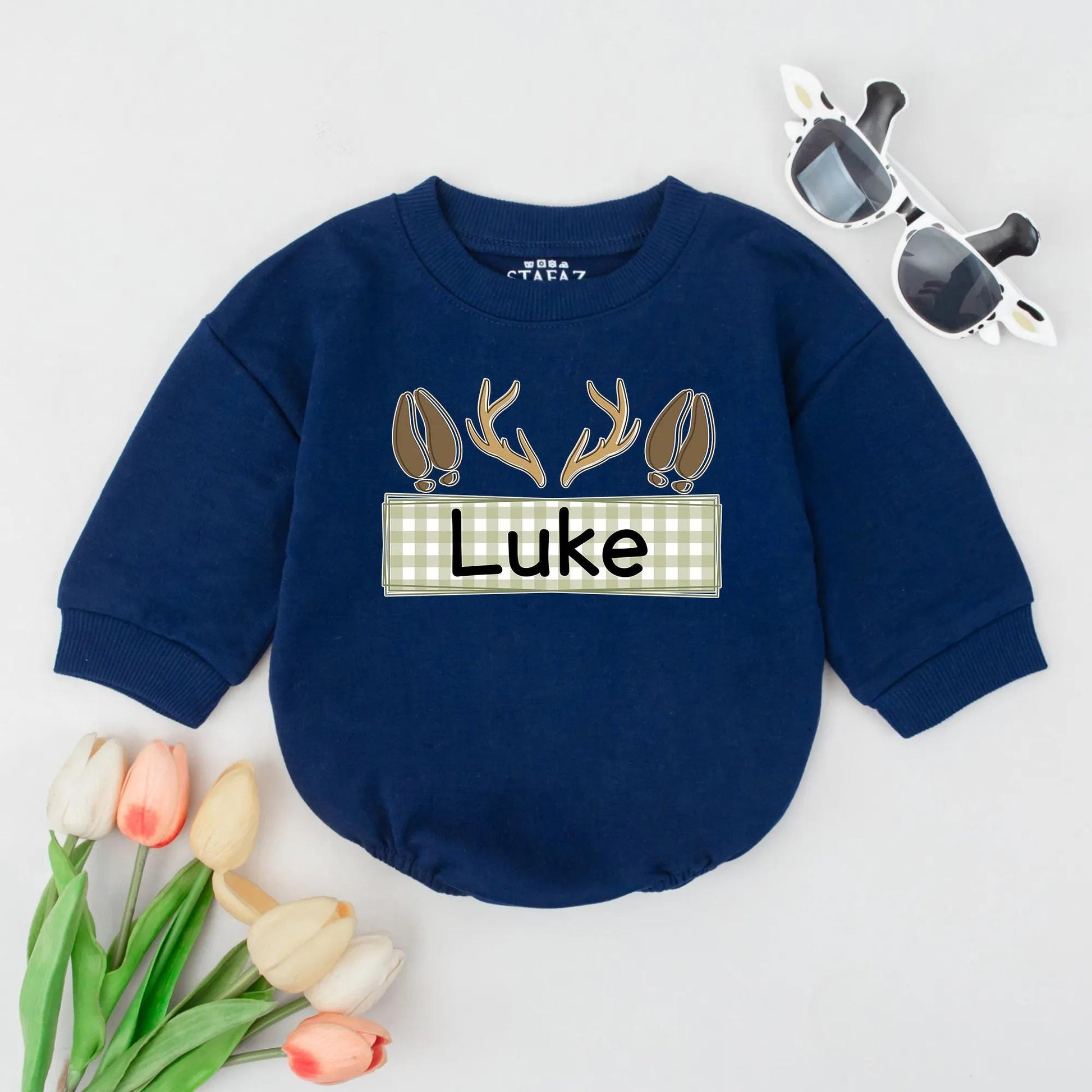 Personalized Deer Antler Bubble Romper Custom Name Fall Baby Boy Clothes Newborn Infant Woodland Shower Gift Neutral Rustic