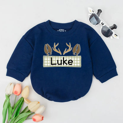 Personalized Deer Antler Bubble Romper Custom Name Fall Baby Boy Clothes Newborn Infant Woodland Shower Gift Neutral Rustic